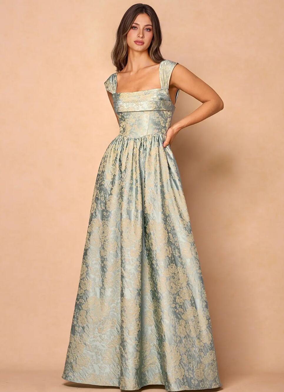 Elegant Blue-Green Brocade Maxi Dress with Square Neck